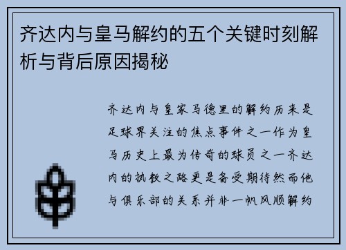齐达内与皇马解约的五个关键时刻解析与背后原因揭秘 齐达内与皇马解约的五个关键时刻解析与背后原因揭秘